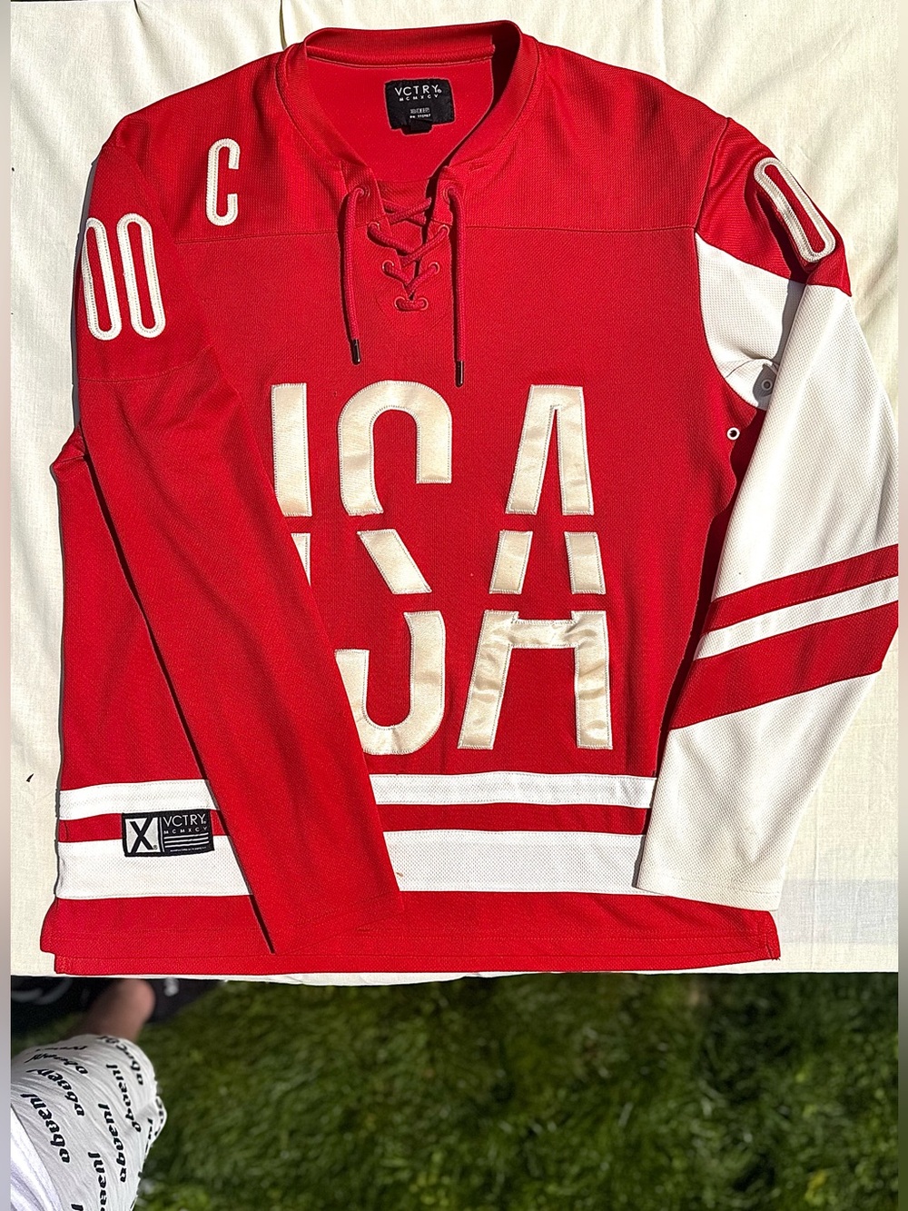 10.Deep Red and White Lace-Up USA Hockey Jersey